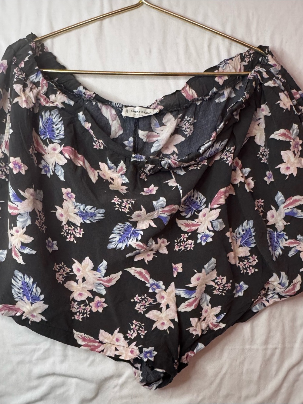 Lucky Brand Black Floral Off-Shoulder Top with Pink & Blue Blooms